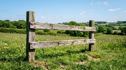 Obraz premium Weathered wooden fence section with two horizontal planks and vertical posts standing in a grassy meadow under a bright blue summer sky with scattered clouds