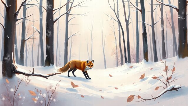 Red fox in a snowy winter forest landscape illustration
