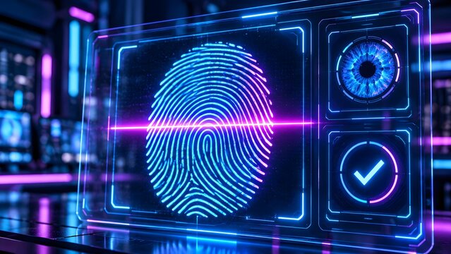 Digital fingerprint scan on transparent interface with biometric security authentication system iris recognition and identity verification concept