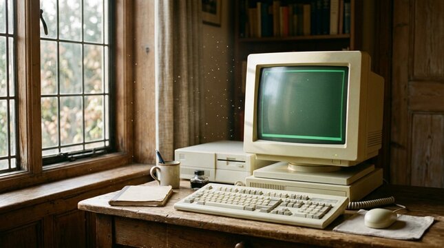 Vintage 1990s desktop computer with a beige CRT monitor, keyboard, and mouse on a rustic wooden desk by a window with soft light, dust motes, and a bookshelf in a cozy, nostalgic home office.