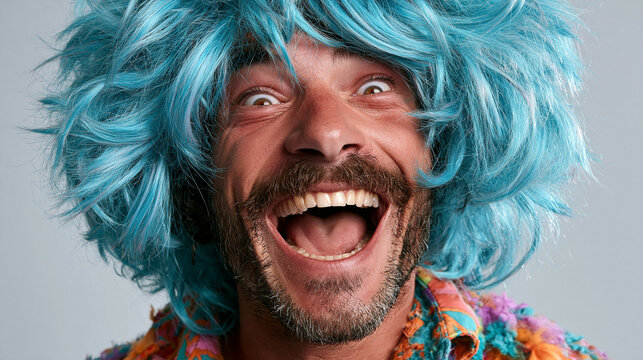 Man in Blue Wig Laughing: A joyful man with a blue wig and a colorful shirt bursts into laughter, his eyes wide with amusement and a broad smile across his face, exuding an infectious sense of fun.