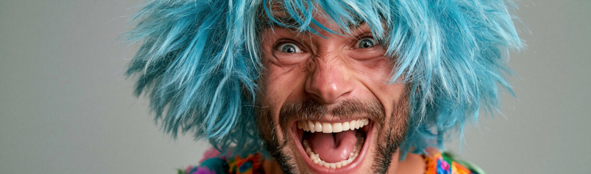 Man with Blue Wig: An excited man with a bright blue wig and colorful attire bursts into laughter, his face filled with an expression of pure, unadulterated joy.
