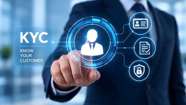 Know your customer KYC concept with businessman touching virtual interface displaying user identity document and security icons