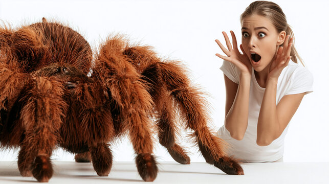 Shock and Awe: A startled woman recoils in horror as a giant, hairy tarantula spider advances towards her, creating a vivid portrayal of arachnophobia and primal fear.