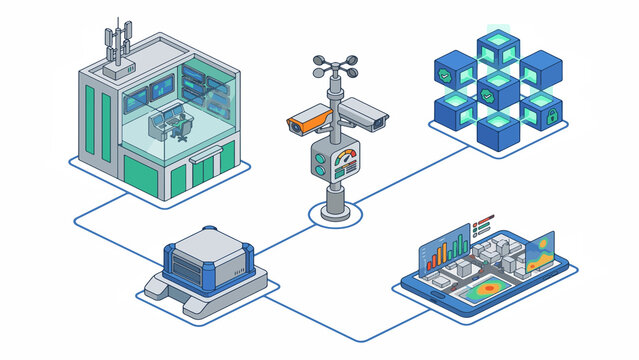 Smart city monitoring network links security cameras and control rooms for urban data analysis. Illustrations