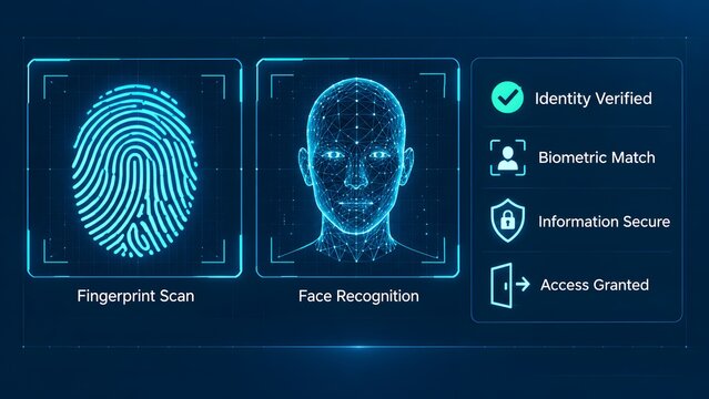 Biometric authentication system interface with digital fingerprint scan and facial recognition wireframe, identity verification, access control and information security concept