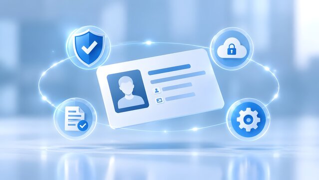 Digital identity card concept with glowing profile document, shield protection, cloud storage and settings icons, secure personal information verification and online data management system