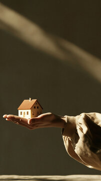 Dream Home Held in Hand: A miniature house rests gently on an outstretched palm, bathed in the soft, dramatic light of a sunbeam, symbolizing aspirations of homeownership.