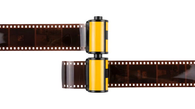 Vintage yellow thirty-five millimeter film canisters with extended dark brown celluloid strips showing captured negative frames in a professional photography setup isolated on transparent background