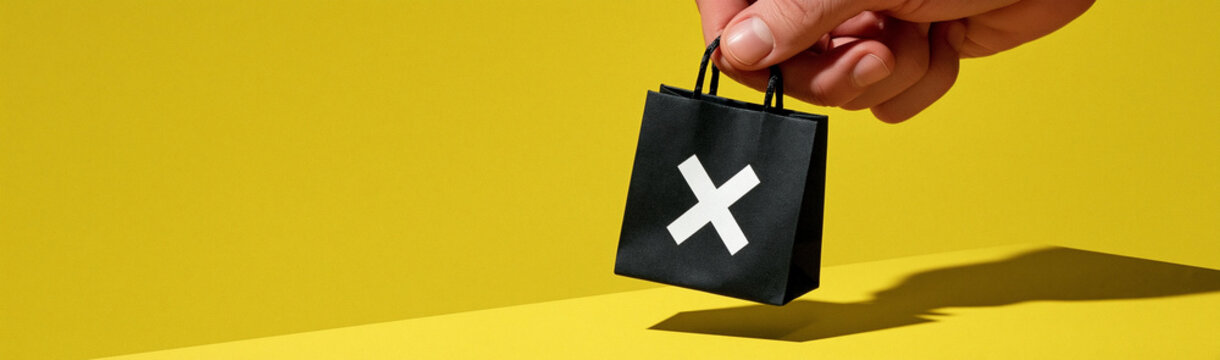 Minimalist Shopping Bag Icon: A hand holds a miniature black shopping bag with a white 'X' symbol against a vibrant yellow background, symbolizing a failed purchase or a canceled order in a clean.