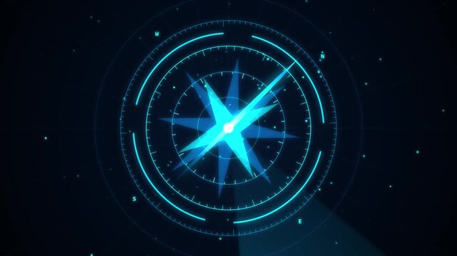 Futuristic digital compass with glowing blue directional arrows against a starry space background