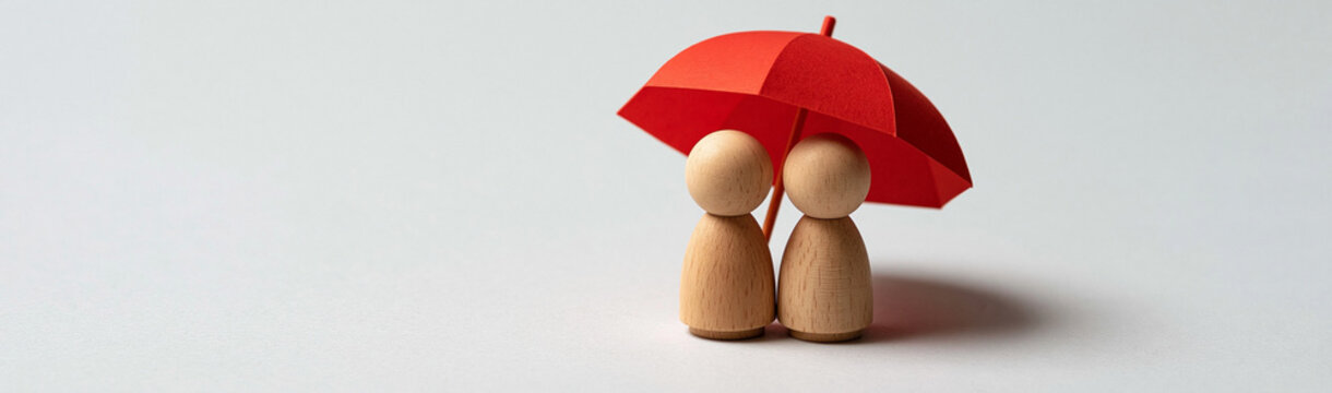Couple Under Umbrella: Two wooden peg people stand together under a red umbrella, symbolizing protection, love, and togetherness.