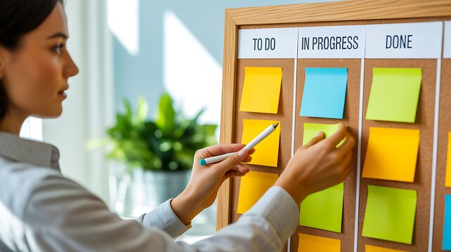 Woman organizing tasks on a kanban board for project management and workplace productivity