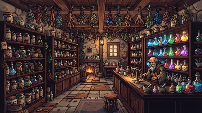 Elderly alchemist preparing colorful magic potions in a cozy rustic shop