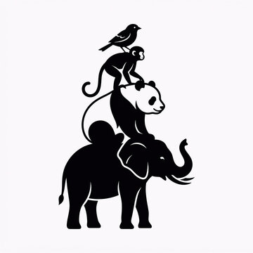 Stacked wild animals silhouette, elephant panda monkey and bird tower design graphic.