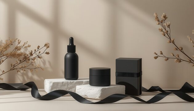 Luxury Skincare Display: A minimalist setup featuring dark, elegant cosmetic bottles and boxes arranged on white stone pedestals, adorned with a black ribbon and delicate dried branches.