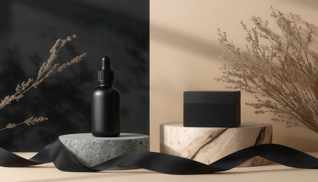 Elegant Skincare Set: A minimalist composition featuring a dark glass dropper bottle and a matching jar, presented on textured pedestals adorned with a black ribbon, evoking luxury and natural beauty.