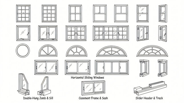 Residential Window Frame Line Art Doodle Illustration Set Hand Drawn Double Hung Casement Profile Arched Frame Horizontal Sliding Front Side View Black Contour Strictly Textless White Background