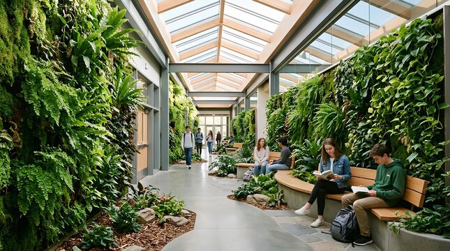Modern school hallway featuring lush green living walls and indoor vertical gardens, students studying on benches under natural light from skylights in a sustainable biophilic campus building.