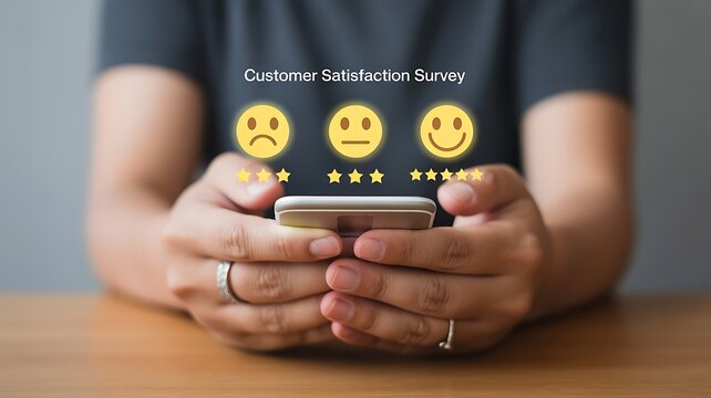 Close up of hands using a mobile device to complete a digital customer feedback survey with interactive smiley face ratings