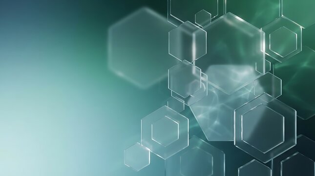 Floating translucent hexagonal glass shapes on teal gradient background