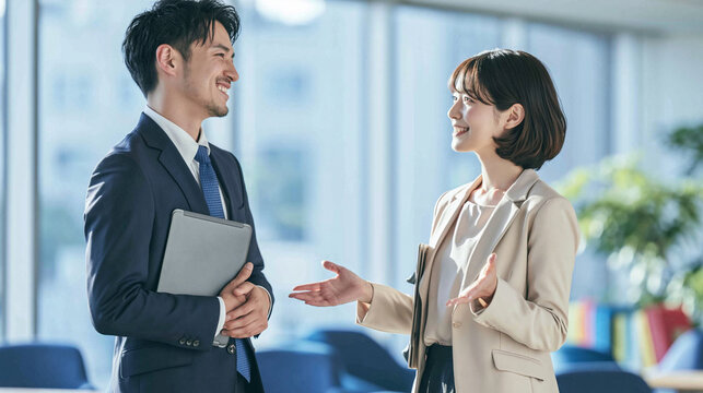 Business Collaboration in Modern Office: A man and woman in business attire converse in a bright, modern office setting, possibly discussing work or a new project.