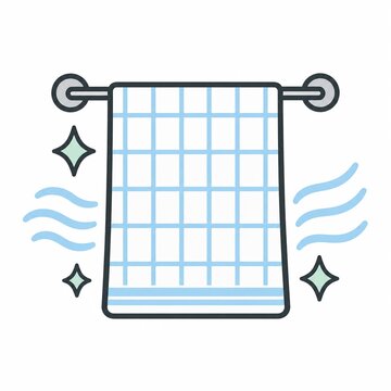 Checked kitchen towel hanging on a rail with breeze lines and sparkles, drying a clean dish cloth hygiene icon