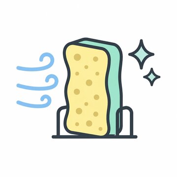 Kitchen sponge standing in a holder with airflow and sparkles, drying the sponge to keep it clean and bacteria free icon