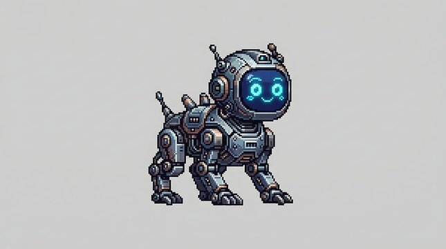 Small pixel art robot dog with a glowing blue digital screen