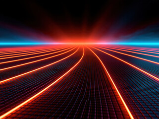 Fototapeta premium Glowing horizontal line neon light abstract background futuristic horizon red glow blue glow grid floor perspective line digital landscape dark sky
