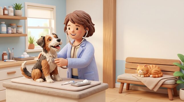 3D Cartoon Veterinarian Examining a Dog in a Clinic with a Sleeping Cat