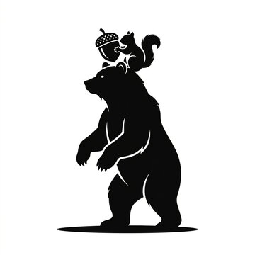 Black silhouette of a standing bear with a squirrel and an acorn on its head