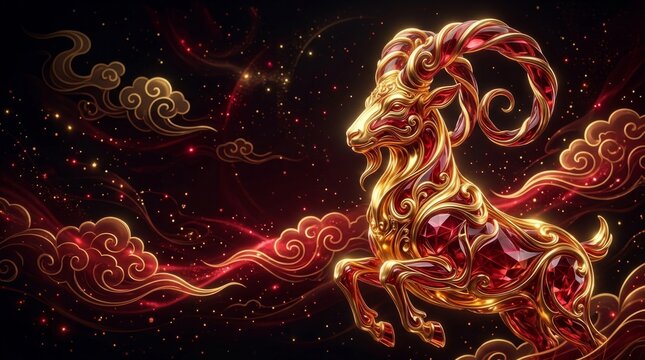 Golden Ram Sculpture with Red Gemstone Details in Cosmic Setting