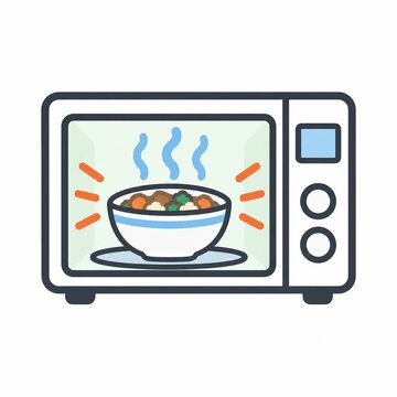 Microwave oven reheating a bowl of food with rising steam inside, thorough reheating of leftovers concept icon