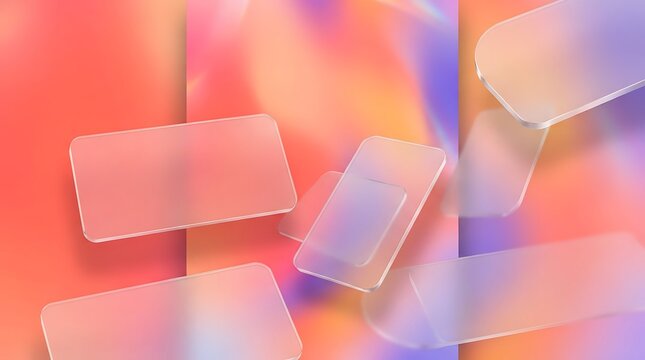 Frosted glass rectangles floating over a vibrant orange and purple gradient background