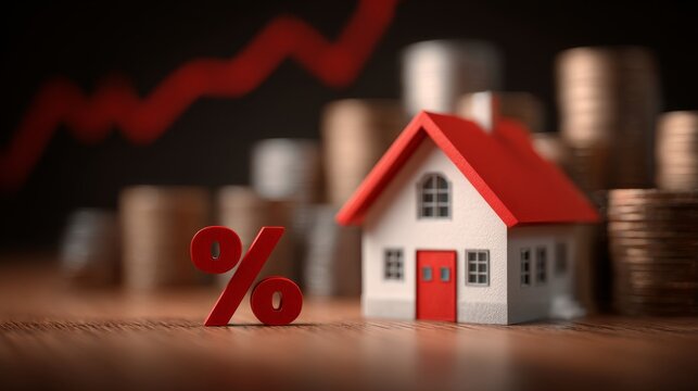 Mortgage refinance concept with red house, percent symbol and downward mortgage rate chart representing lower interest rates, home loan savings, financial market trends, property investment and housin