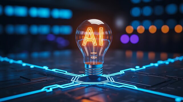 Ai concept with glowing light bulb connected to a digital technology network