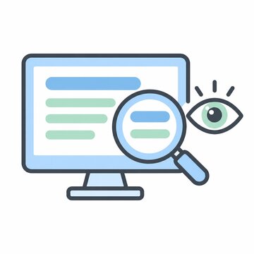 Computer monitor with enlarged text viewed through a magnifying glass beside an eye, readable font size concept icon