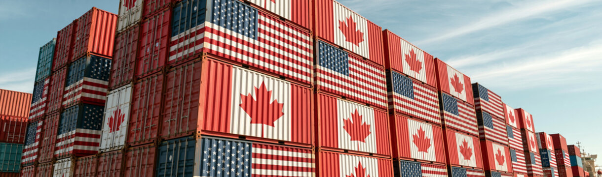 Cross-Border Trade: A monumental stack of shipping containers, emblazoned with the flags of the United States and Canada.