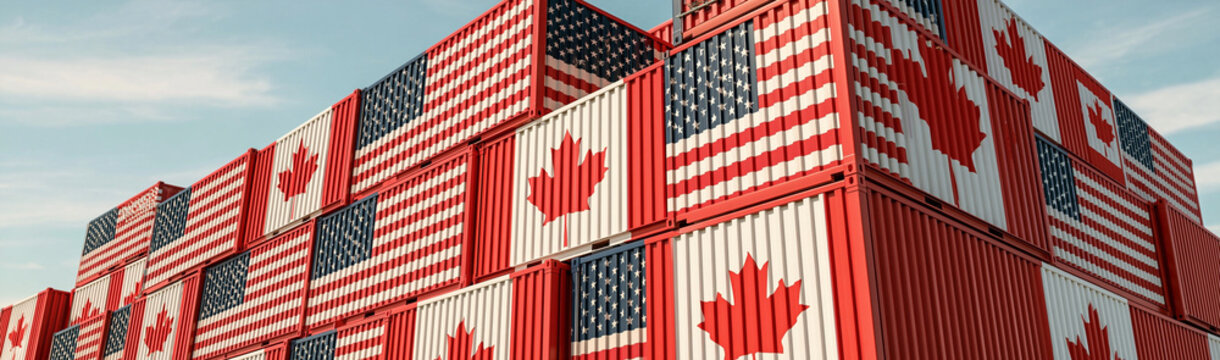 Cross-Border Commerce: Shipping containers emblazoned with the American and Canadian flags are stacked high, symbolizing international trade and global logistics.