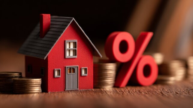 Mortgage refinance concept with red house, percent symbol and downward rate chart representing lower interest rates, home loan savings, financial market trends, property investment and housing finance
