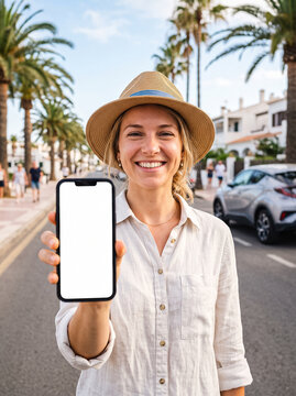 smiling woman in a straw hat shows a smartphone with a white screen on a city street