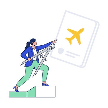 Businesswoman Planning Travel Route with Compass and Passport Icon