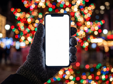 hand in a grey glove holds a smartphone against the background of a christmas tree with garlands