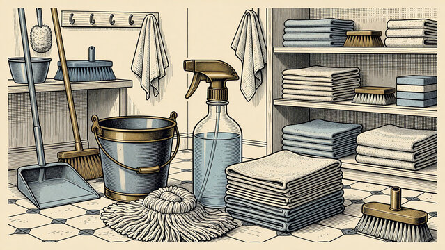 Vintage Cleaning Toolkit Engraving With Supplies