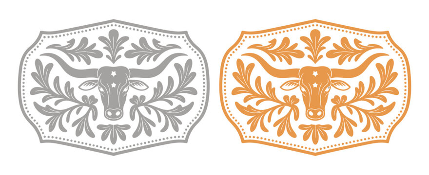 Longhorn bull label belt buckle wild west cowboy style tag design, western rodeo emblem, gold silver stylized silhouette, rustic ranch and western vector art