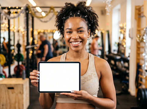 african american woman in gym shows tablet with white screen against background of tree