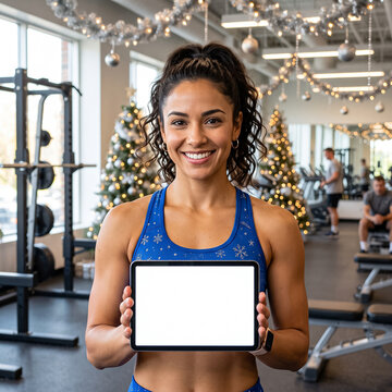brunette in blue top holds tablet with white screen in new year gym