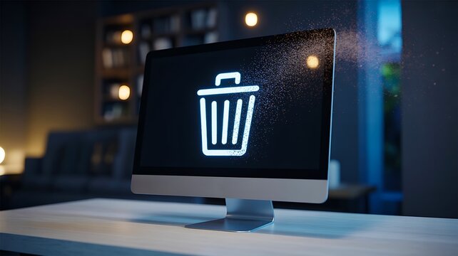 Computer monitor displaying trash icon for digital file deletion and data management