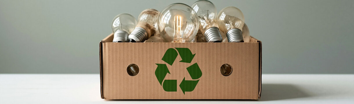 Recycling Light Bulbs: A cardboard box filled with used incandescent light bulbs, marked with a green recycling symbol, ready for proper disposal and repurposing.